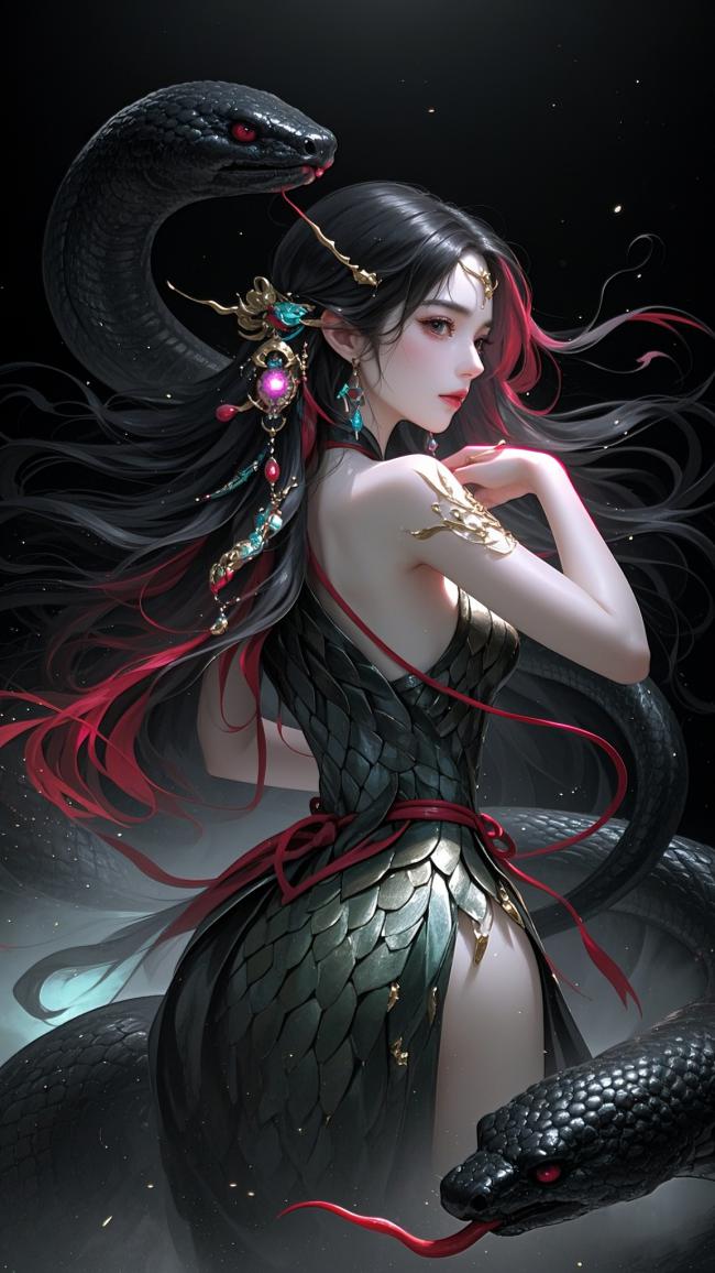 蛇妖仙子与黑蛇共舞的玄幻写实插画