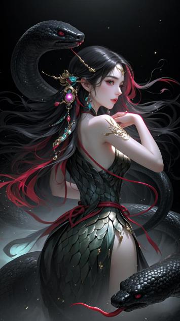 蛇妖仙子与黑蛇共舞的玄幻写实插画
