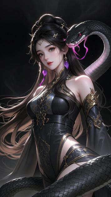 黑衣蛇姬角色设计插画，暗黑奇幻风格