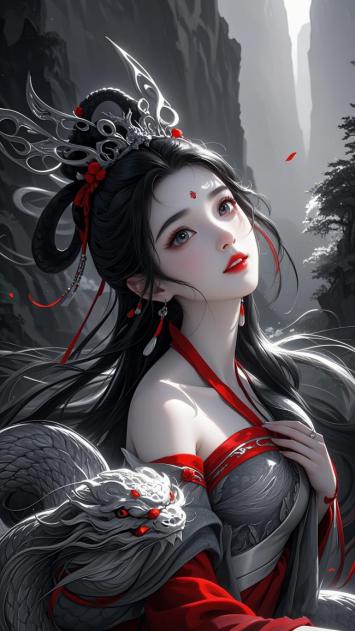 仙侠红衣女子与银龙相伴插画