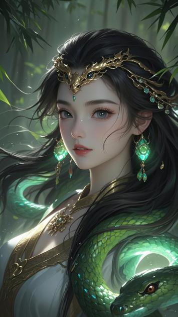 仙侠女神携绿蛇立竹林，金冠璀璨光影柔美