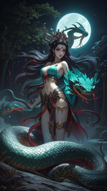 月夜青龙仙子工笔重彩图