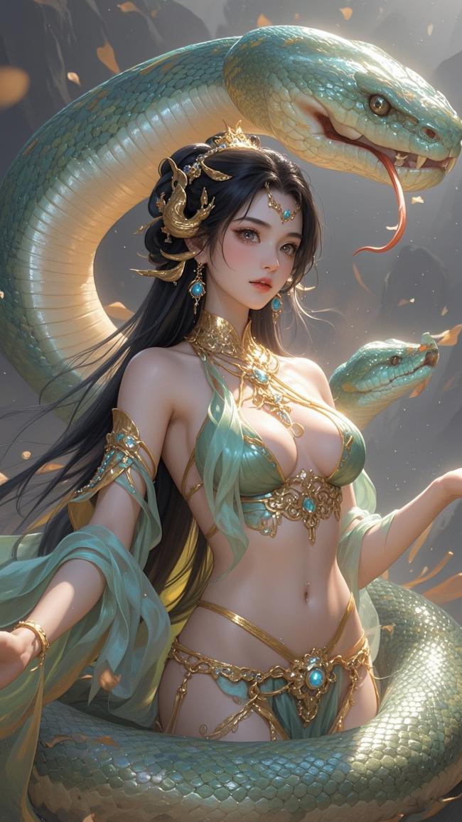 仙侠女神与灵蛇共舞的奇幻画卷