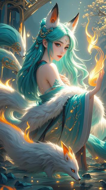 九尾狐仙持火立水畔，青衣飘逸幻境中