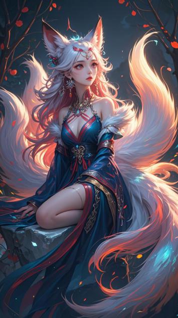 九尾狐仙新国潮插画，古风华服飘逸梦幻