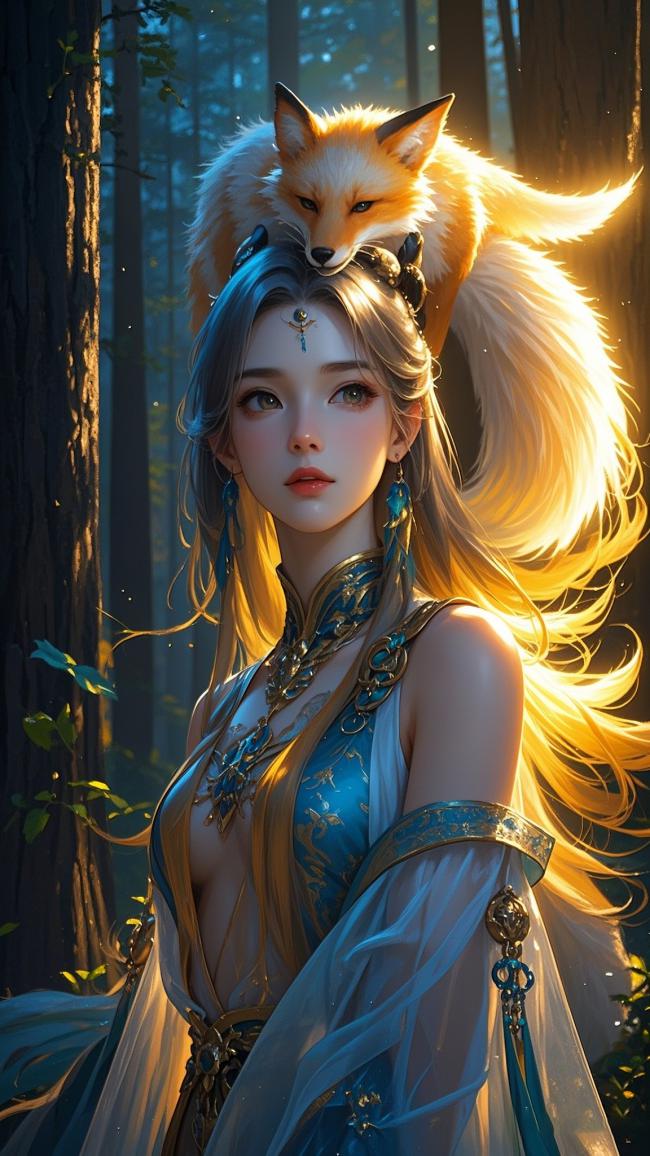 仙侠少女与九尾狐林间晨光图