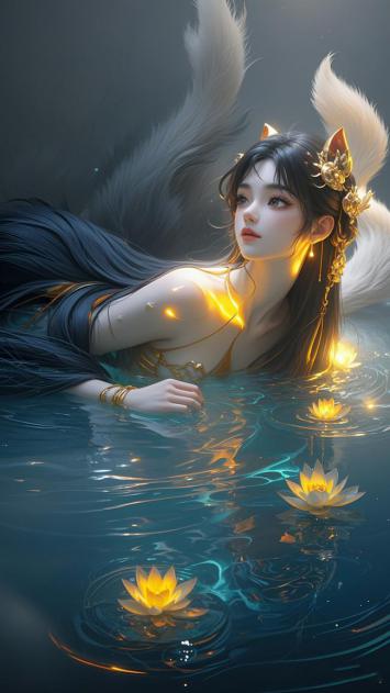 狐耳仙子浴莲池，光影流泻梦中境