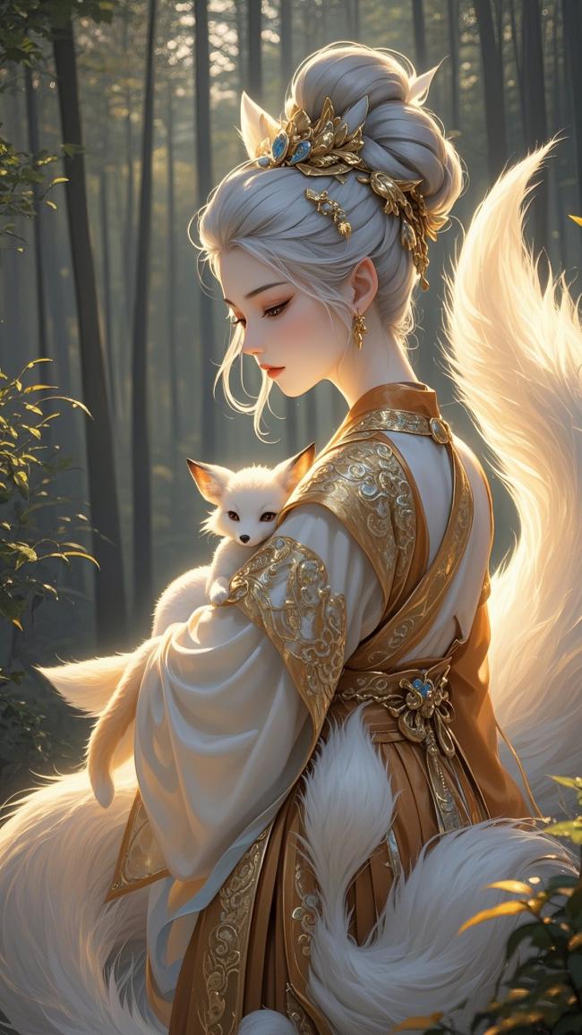 晨曦竹林中的九尾狐仙怀抱幼狐