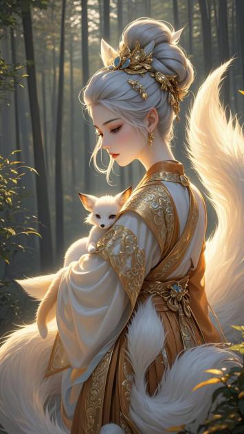 晨曦竹林中的九尾狐仙怀抱幼狐