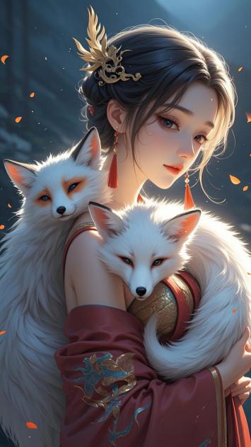 古风仙狐少女怀抱双狐，工笔重彩唯美画面