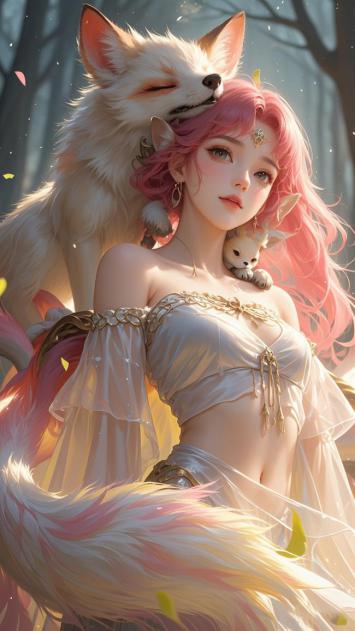 粉发狐仙与九尾相伴的梦幻森林插画