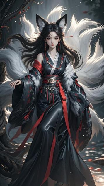 九尾狐仙汉服写真：暗夜森林中的神秘女神
