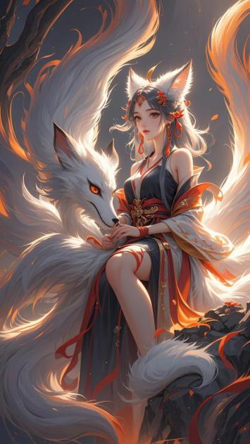 九尾狐仙与白狐共舞星夜幻境