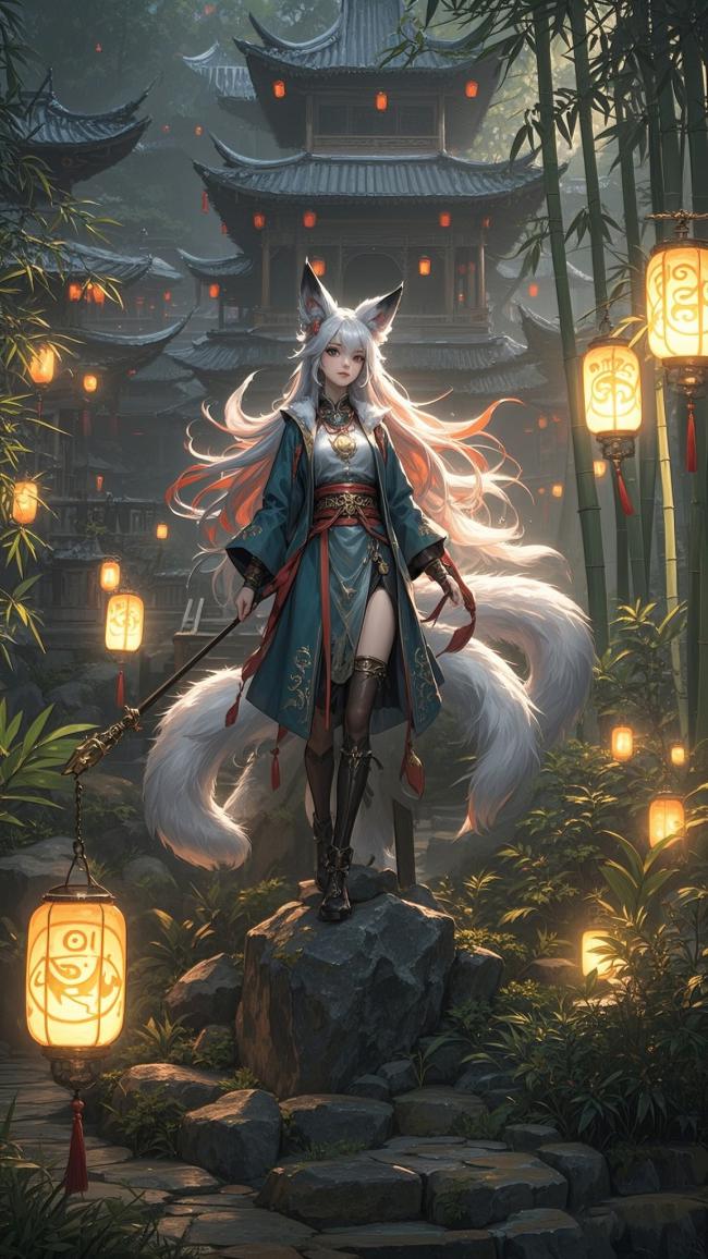 九尾狐仙立竹林古寺夜景中