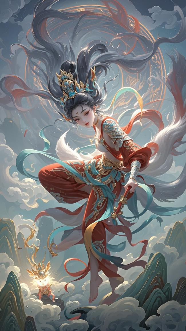 云海仙女神兽相伴，仙侠玄幻风绝美插画