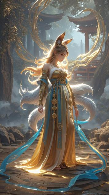 九尾狐仙立古院，金蓝华服映霞光