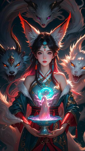 仙侠少女持法器，三狐神兽环绕