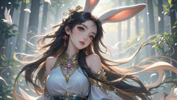 兔耳汉服少女森林写真，水墨动漫风格