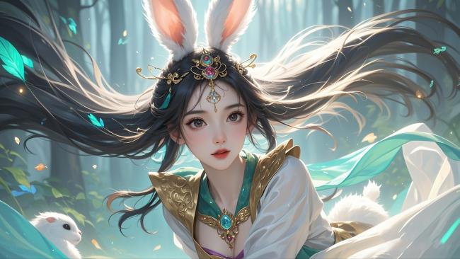 兔耳仙子林间漫步，水墨动漫风插画