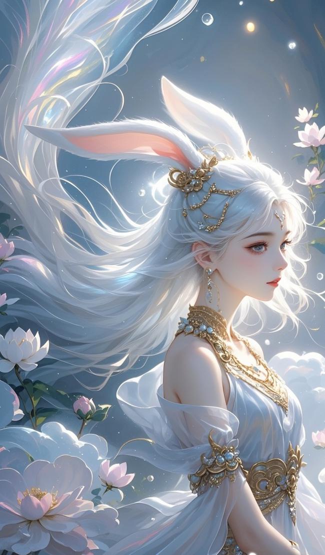 白发兔耳仙子立于花海星夜间