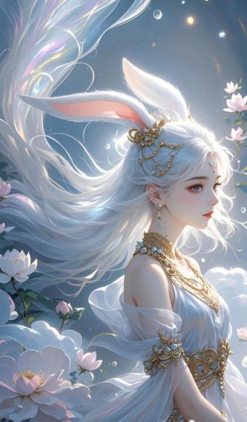 白发兔耳仙子立于花海星夜间