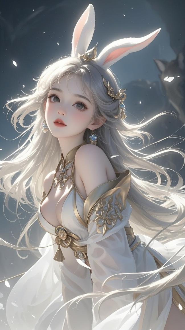 银发兔耳少女仙气飘飘插画