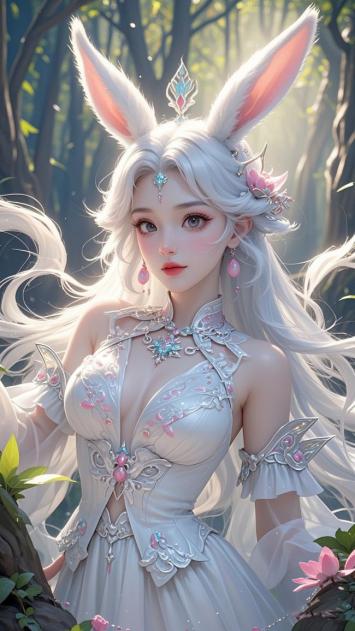 白发兔耳仙子立于晨光森林，仙气缭绕梦幻唯美