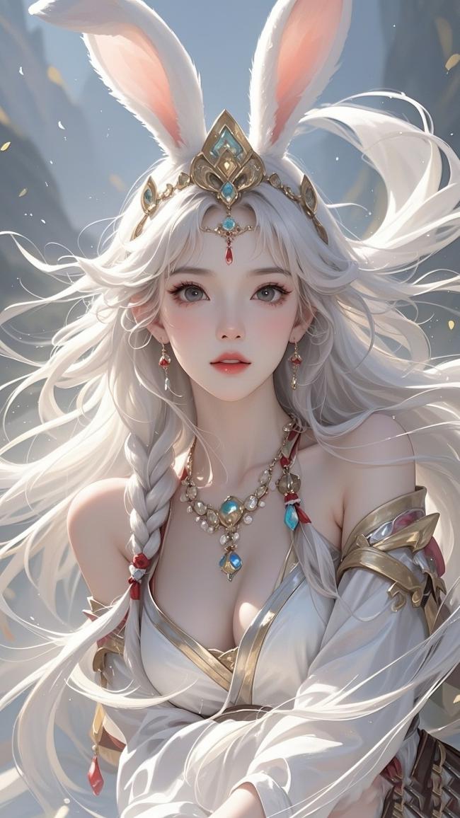 银发兔耳女神插画，梦幻华服闪耀人间