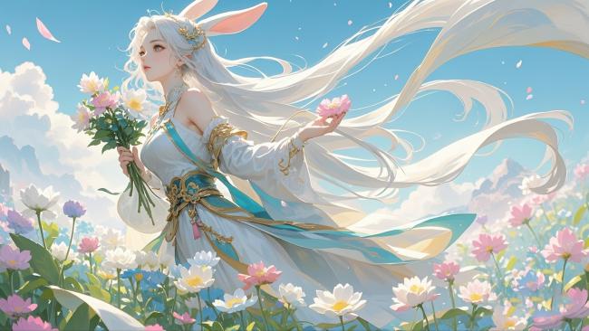 兔耳仙子花海漫步插画