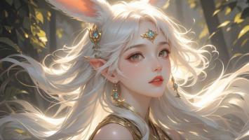 白发精灵少女森林光影写真