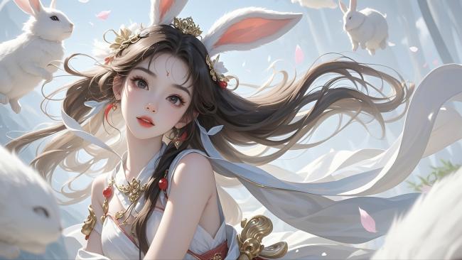 兔耳仙子汉服写真，水墨动漫风梦幻场景