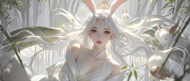 竹林仙子白兔伴舞，古风汉服写真壁纸