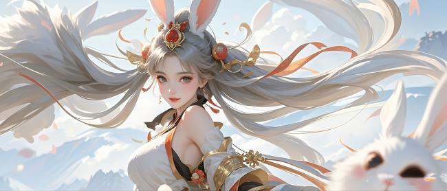 银发兔耳仙侠少女·水墨动漫风插画