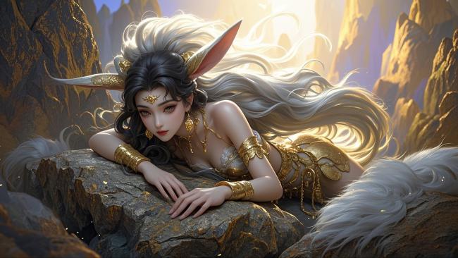 仙侠狐女卧岩图：金饰流光，晨曦幻境