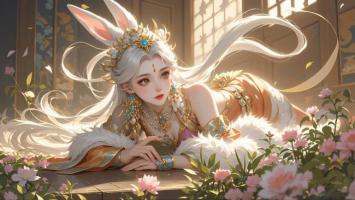 仙侠兔耳少女汉服写真，光影柔美花丛间