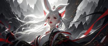 白发兔耳仙子立山巅，黑金汉服映红丝带