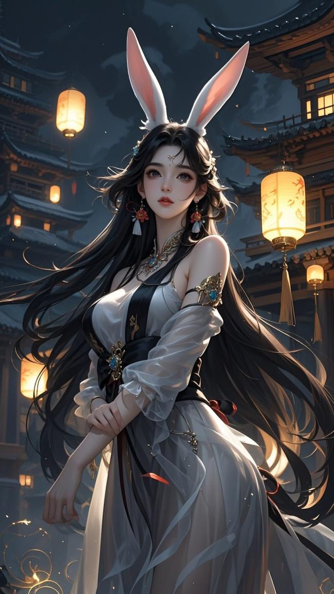 夜阑灯笼下兔耳仙子古风写真