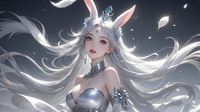 银发兔耳少女幻想插画