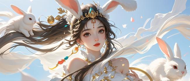 仙侠兔耳少女插画，柔光飞花伴白兔