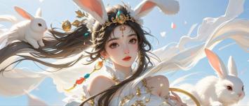 仙侠兔耳少女插画，柔光飞花伴白兔