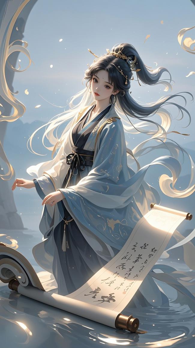 仙侠少女持卷临水，水墨风华绝代