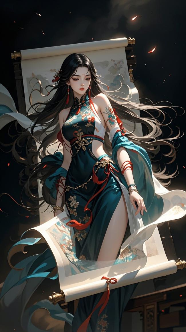 古风仕女水墨动漫图，卷轴夜景飘花