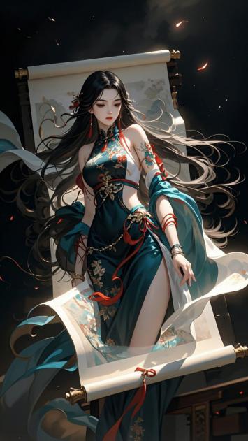 古风仕女水墨动漫图，卷轴夜景飘花