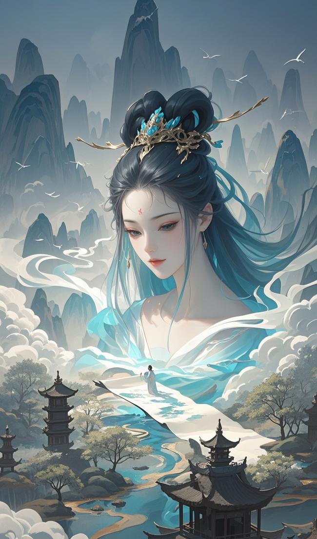 仙侠女神立云巅，水墨山水映仙姿