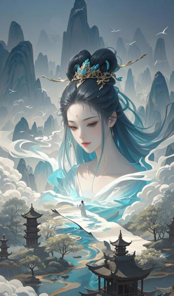 仙侠女神立云巅，水墨山水映仙姿