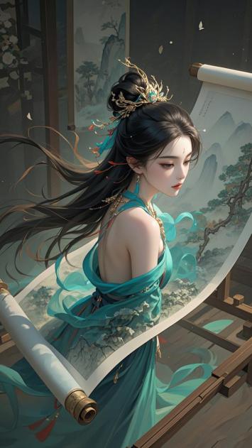 青衣仕女持卷临风，水墨古韵尽显