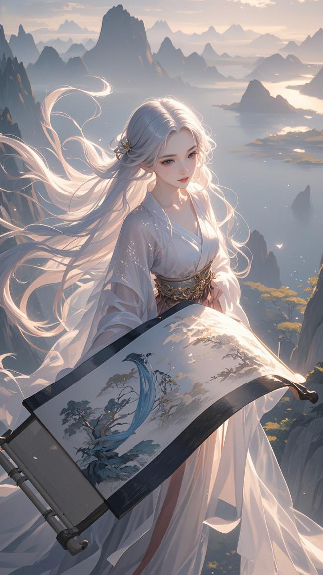 银发仙子持卷立云巅，古风仙侠意境图