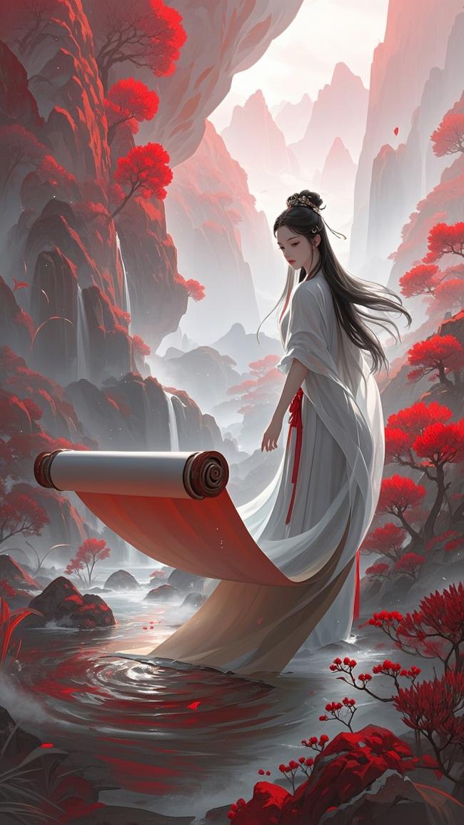 白衣仙子踏红枫溪流图