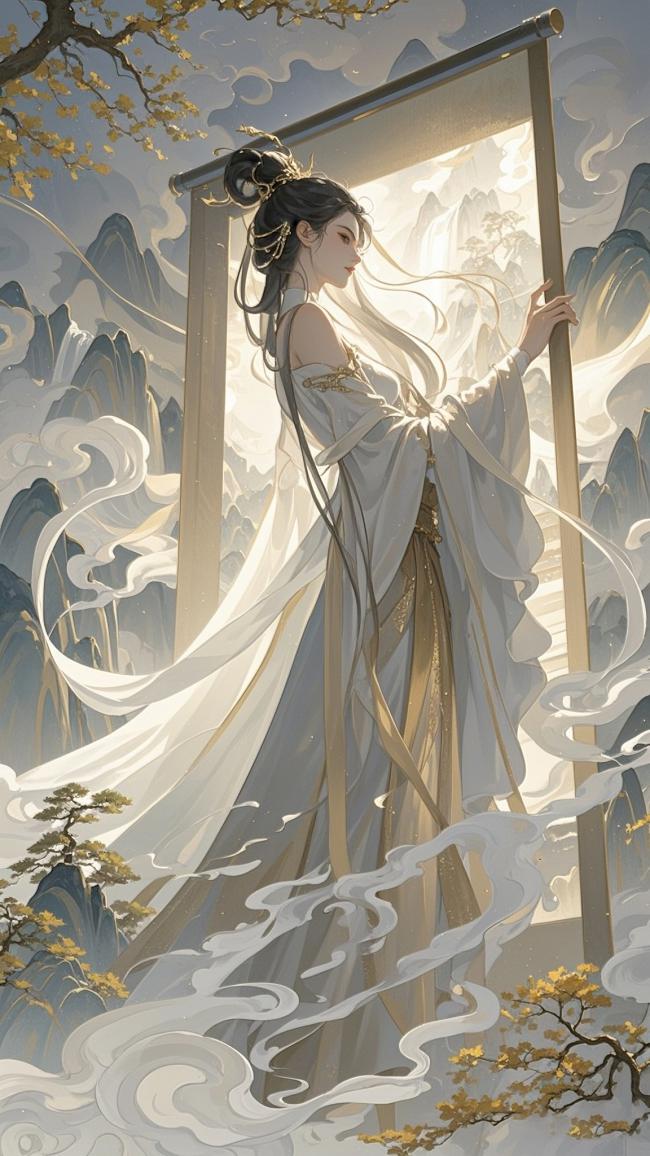 仙气缭绕古风仙子持卷立山间