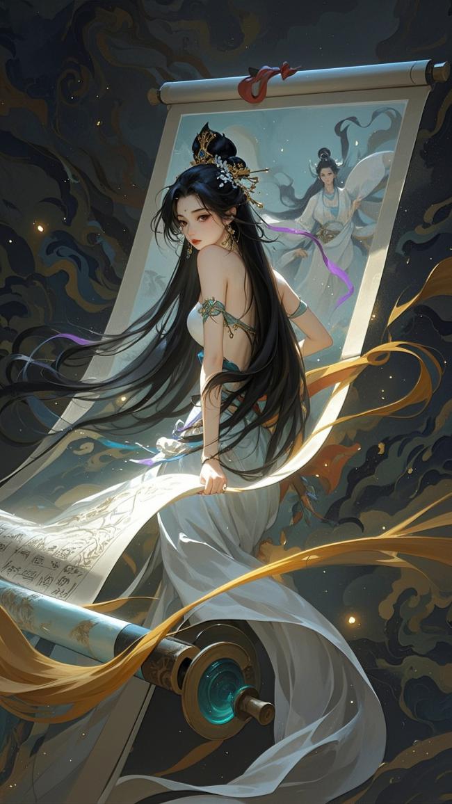 仙侠卷轴中的古风少女插画